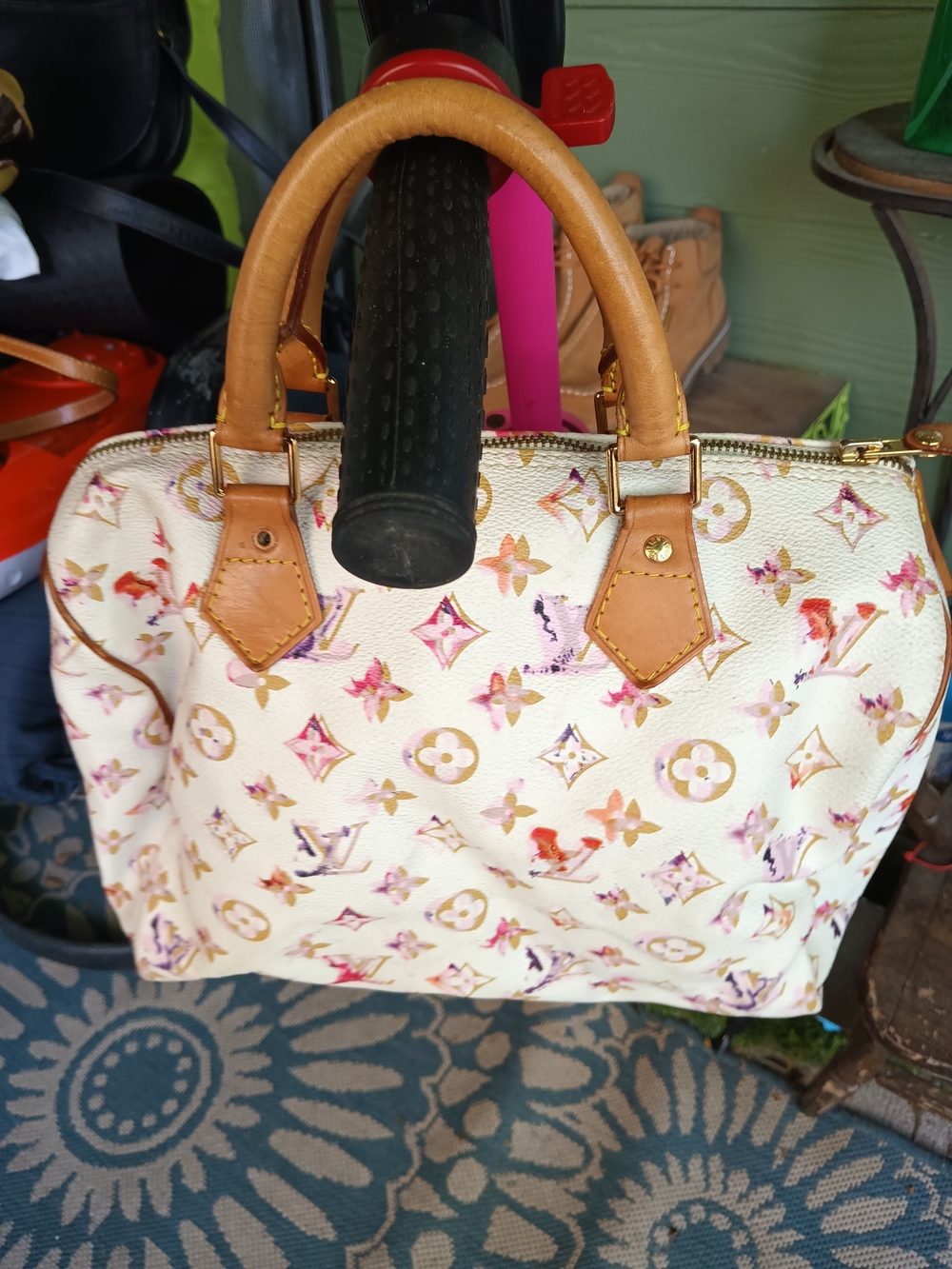 Designer-Style White Satchel with Multicolor Monogram Accents